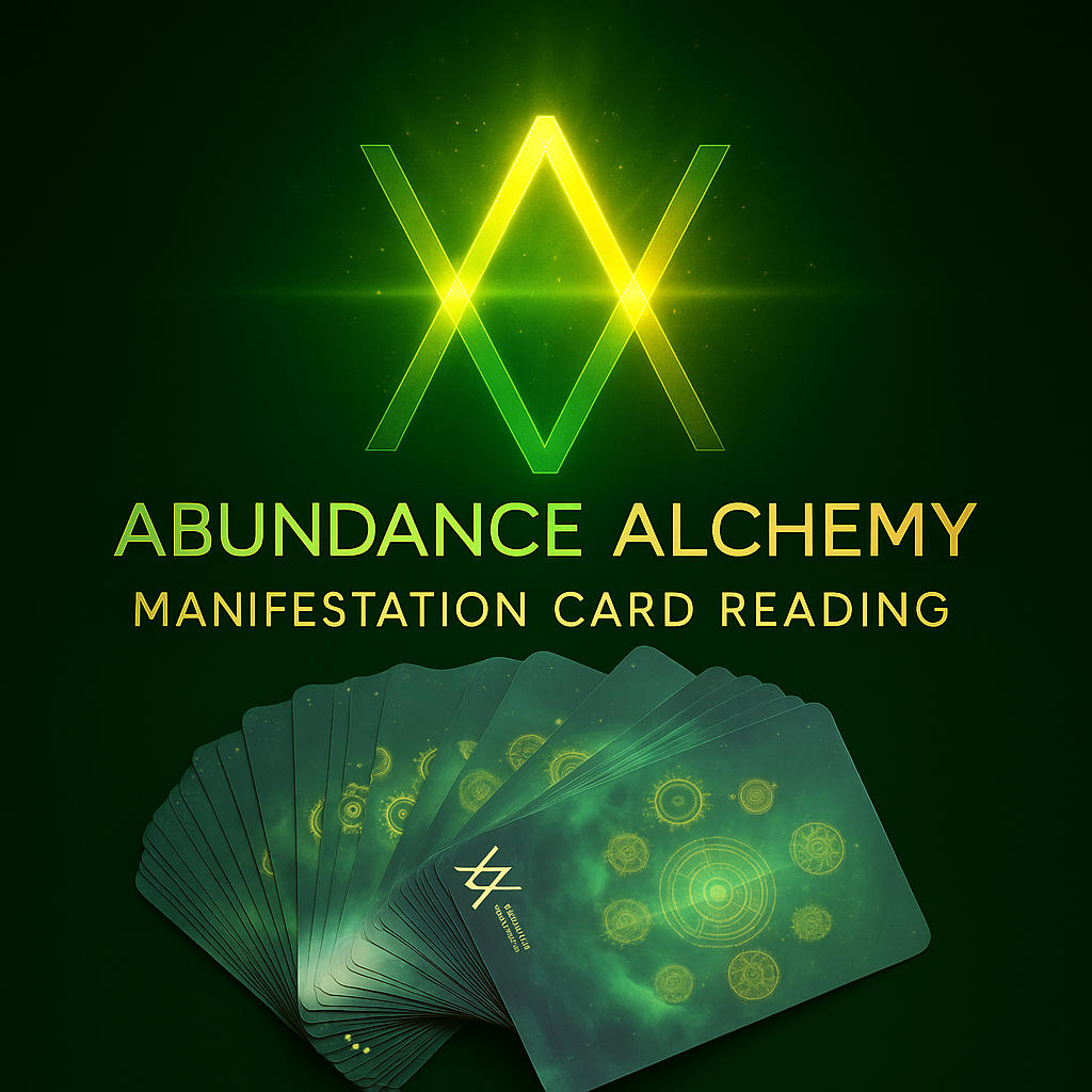 Abundance Alchemy manifestation card reading with glowing cards and logo on a dark background