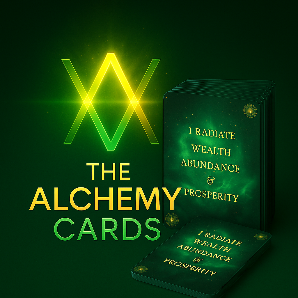 The Alchemy Cards packaging with glowing text on a dark green background